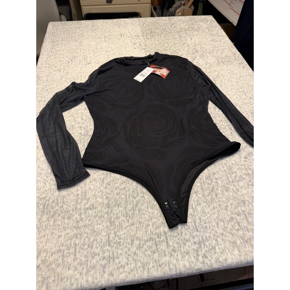 Selena Black Rose Print Mesh Bodysuit Snap Closure Full Coverage Womens 1X